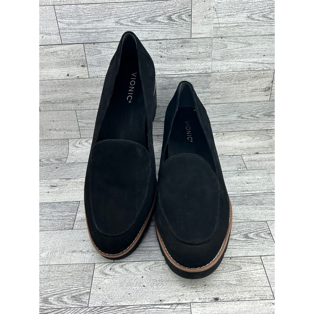 Vionic Ava Black Suede Platform Wedge Loafers Women Sz 11 Wide Lug Sole Shoes